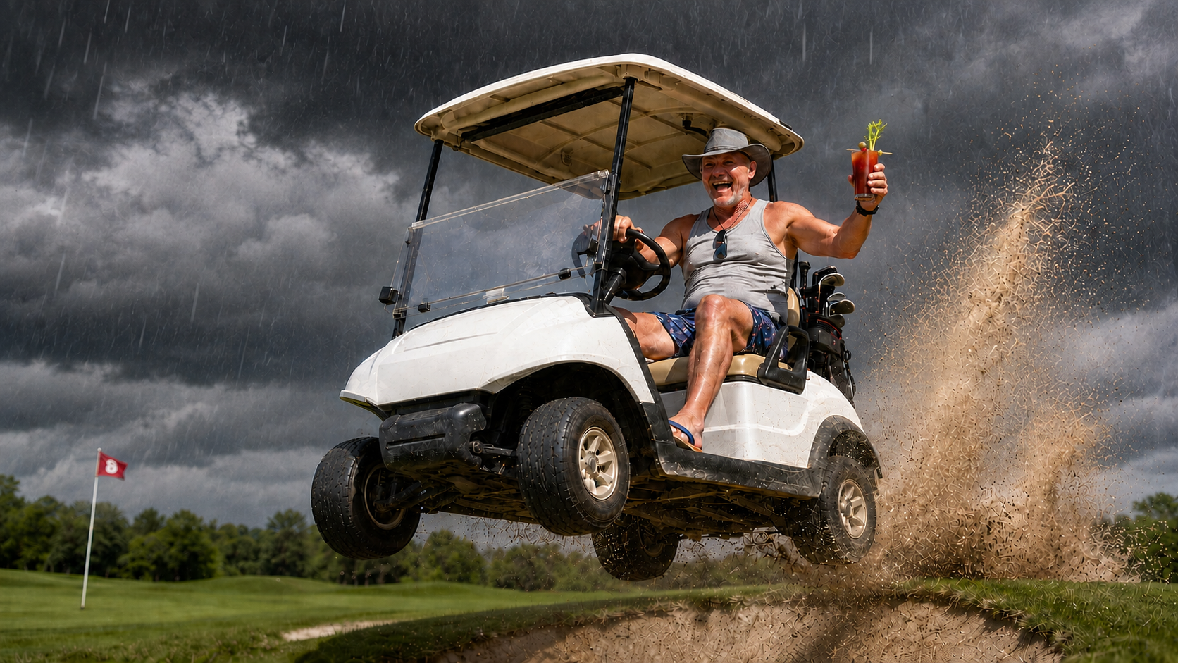 Golfer driving a golf cart through a bunker during a storm while holding a Bloody Mary