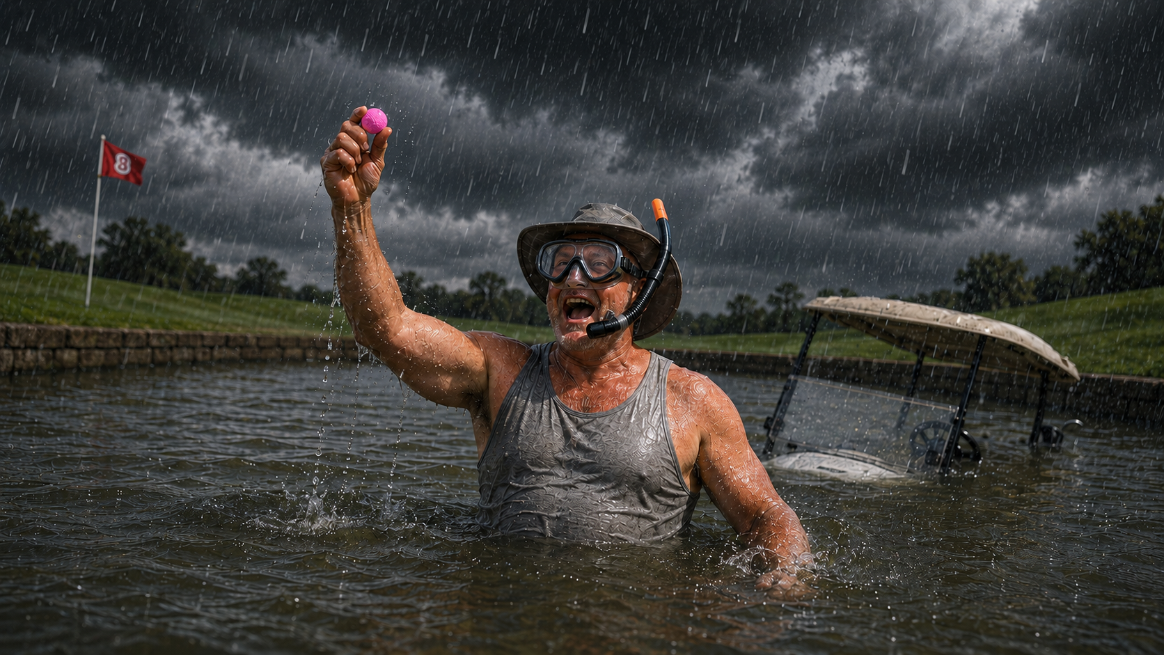 Golfer standing in a water hazard during a storm while holding up a pink golf ball