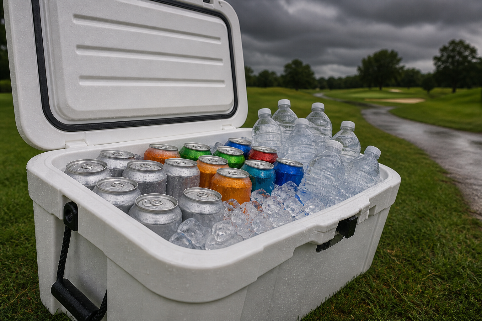 Golf cart cooler filled with beer, soda, bottled water, and ice