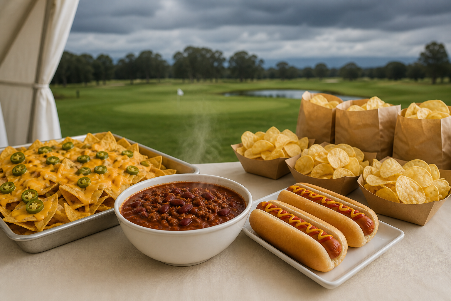 Tournament food spread with nachos, chili, hot dogs, and chips