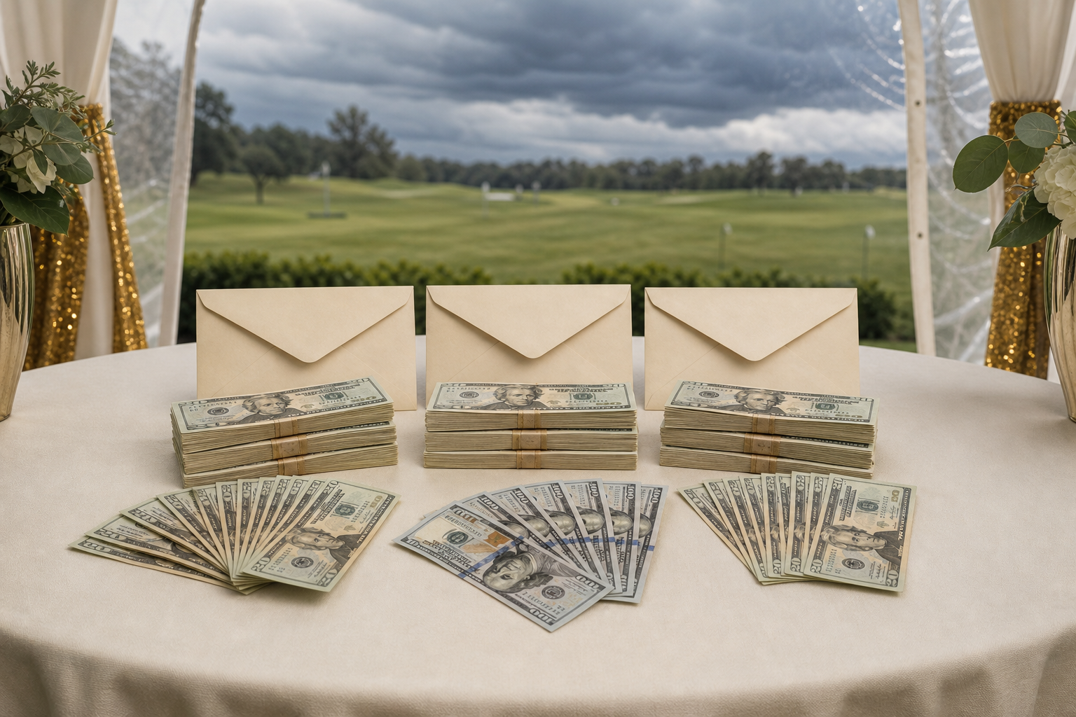 Golf tournament cash prize display with stacks of money and prize envelopes
