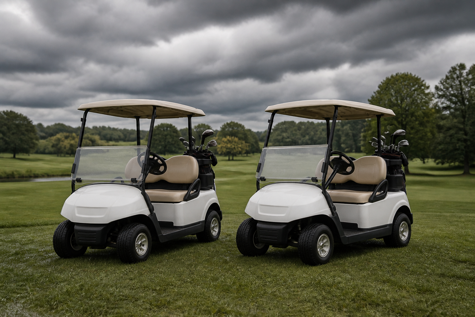 Two white golf carts parked together on a golf course